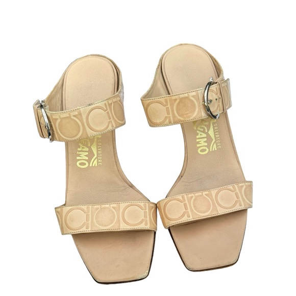 Salvatore Ferragamo Beige Signature Pattern Leather Heeled Buckle Sandal Women’s - Picture 9 of 17